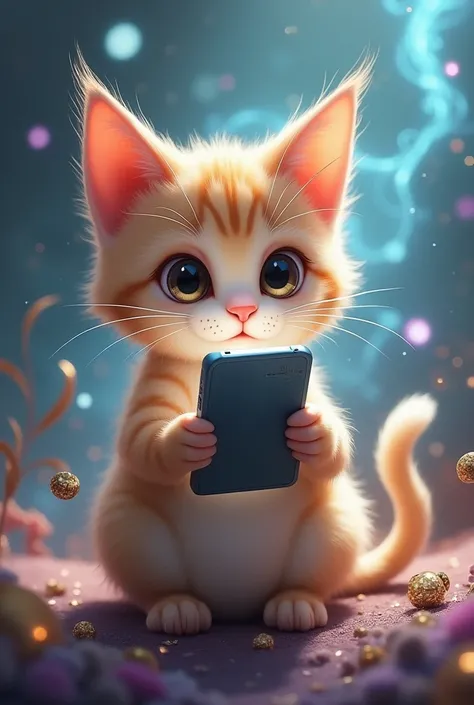 Adorable fantasy style cat answering message on cell phone 