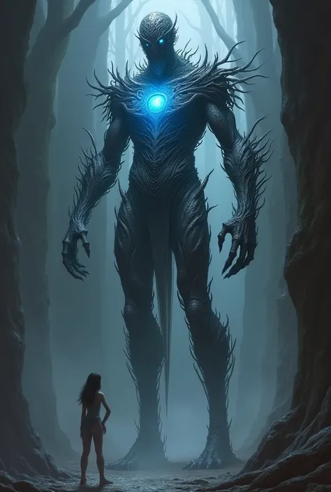 a filigree giant [metal|man|machine|shadow] creature with a blue orb core in chest, cloak, metal mask, dnd style, horror (theme),