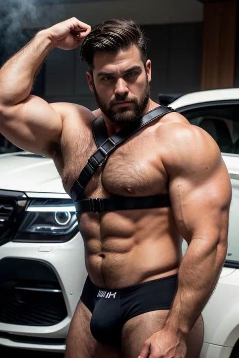 As  handsome white black man with blue mists surrounding his eyes. Hunky, hunk, hairy, very hairy chest. Theres a glow in his eyes, short hair, seductive, 3, short hair,, macho alpha , in boxer red and white warm colors, big hairy chest,,  robust, well-bui...