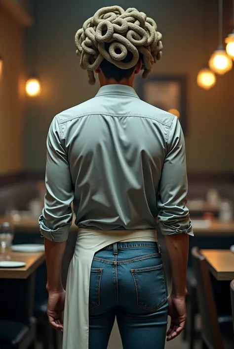 male waiter with spiral minds in apron and light grey shirt with big juicy round ass in tight blue jeans