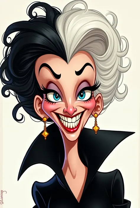 Cruella drawing in a super funny cartoon style With more exaggerated features