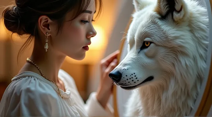 A woman embroidering a white wolf, ultra-detailed portrait, close-up, realistic, photorealistic, masterpiece, 8k, high quality, warm lighting, intricate details, soft color palette, delicate embroidery, photorealistic texture, beautiful woman, captivating ...