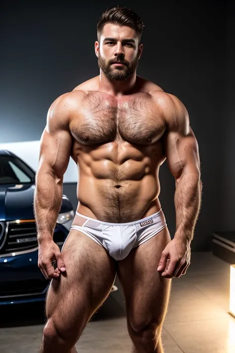 As  handsome white black man with blue mists surrounding his eyes. Hunky, hunk, hairy, very hairy chest. Theres a glow in his eyes, short hair, seductive, 3, short hair,, macho alpha , in boxer red and white warm colors, big hairy chest,,  robust, well-bui...