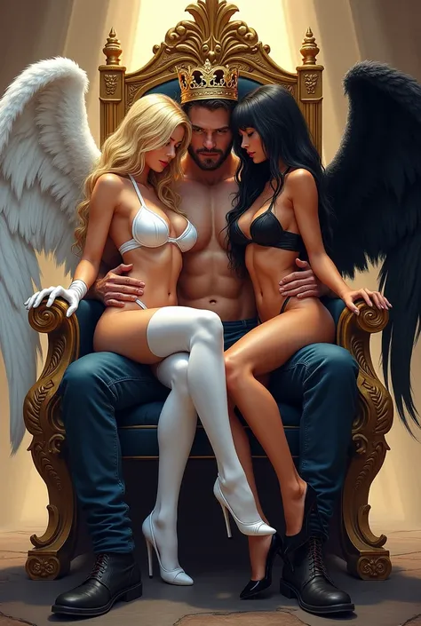 An erotic marvel ((comic book)) style image of a man with a crown sitting on a throne. Sitting on the left arm of the throne is a sexy pale woman with long wavy blond hair wearing white microbikini, white thighhigh stockings, white long gloves, white high ...