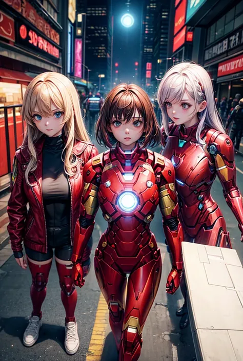  3 Girls with Iron Man armor with different hair colors in a cyberpunk style scene 