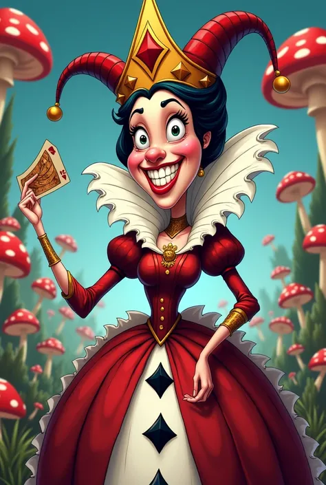 Drawing of the queen of hearts in a super funny cartoon style With more exaggerated features