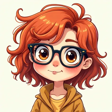 Cartoon style girl with messy wavy red hair, wearing black framed glasses, eyes browns