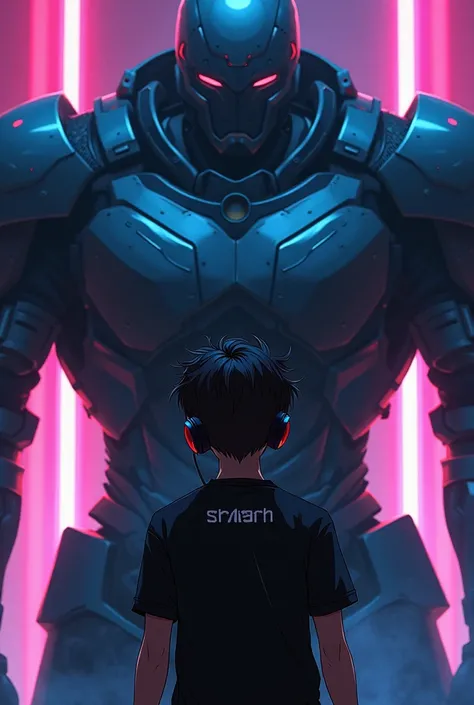 Create a 20 years old boy wering headphone  standing in front of big knight black armour and write ARMOUR on armour chest plate and write SHARATH on boy black  t shirt and cyberpunk neon light in anime virsion