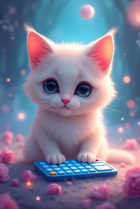 Adorable fantasy style cat using calculator 