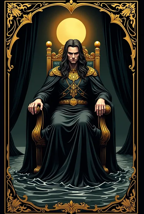 king of cups tarot card, king of cups, charming man, sitting on his throne, holding a cup, his throne floats on the water, black card with gold