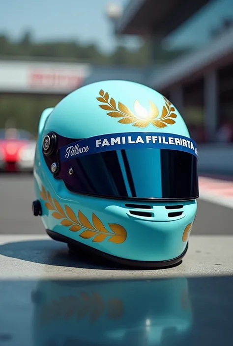 Light blue f1 helmet with a painted gold laurel wreath crown