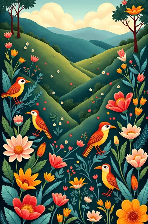 Make a traditional papel amate illustration with vibrant, nature-inspired designs, such as birds, flowers, and animals with rich, earthy tones.