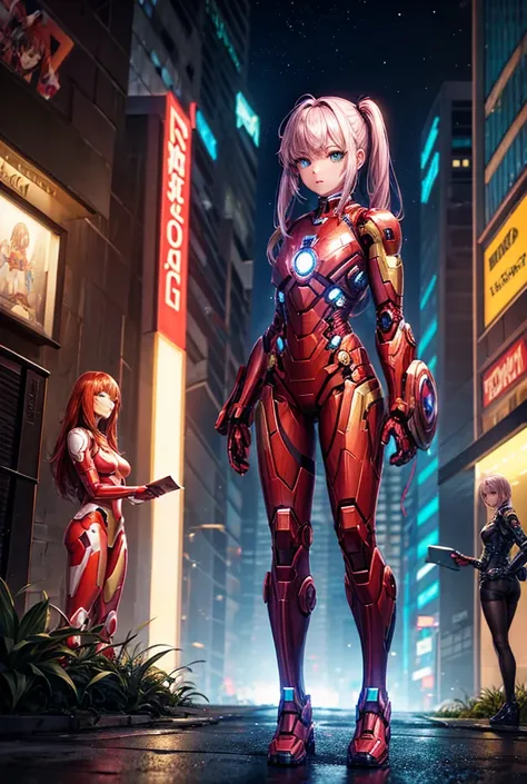  3 Girls in cyberpunk costumes with different hair colors in a night scene with an iron man costume 