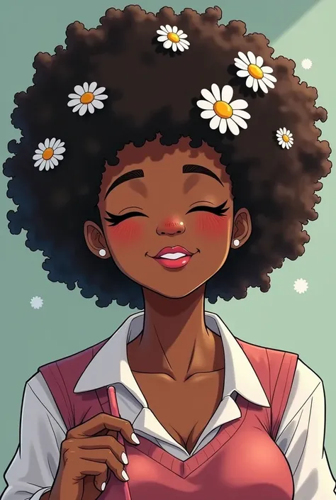 full body, standing up, black girl, afro hair, big chest, wide hips, baby blue hair, closed eyes, warm smile, l
various daisy flowers on hair, white nails, using makeup, pink lipstick, brown eyeshadow, wearing school uniform, my hero academia character, Ko...