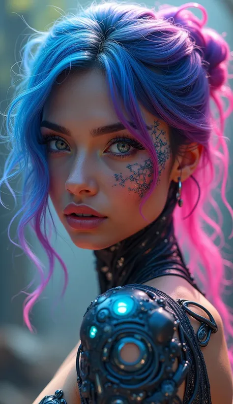 A beautiful cyborg with Latin features and colorful hair 