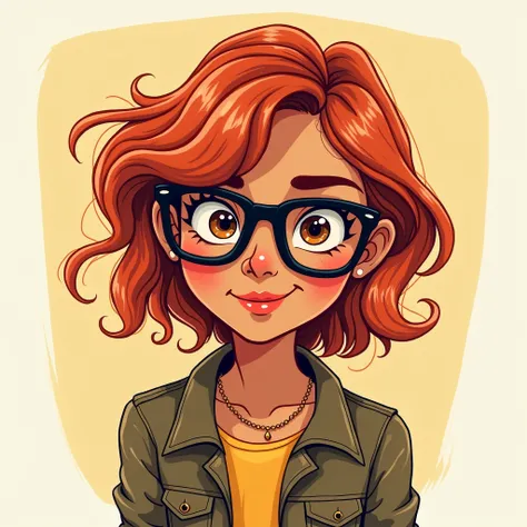 Cartoon style woman with messy wavy red hair, eyes browns, Black and square prescription glasses, brown skin