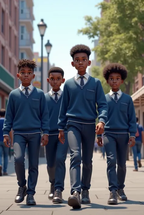 Make me images of a group of 4 dark-skinned teenage boys walking very realistically, with blue school uniform
