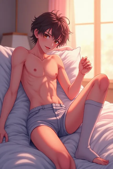 Short shorts, cute, Big thighs, Long sock, man, guy,  anime, femboy, cropped, in the bed