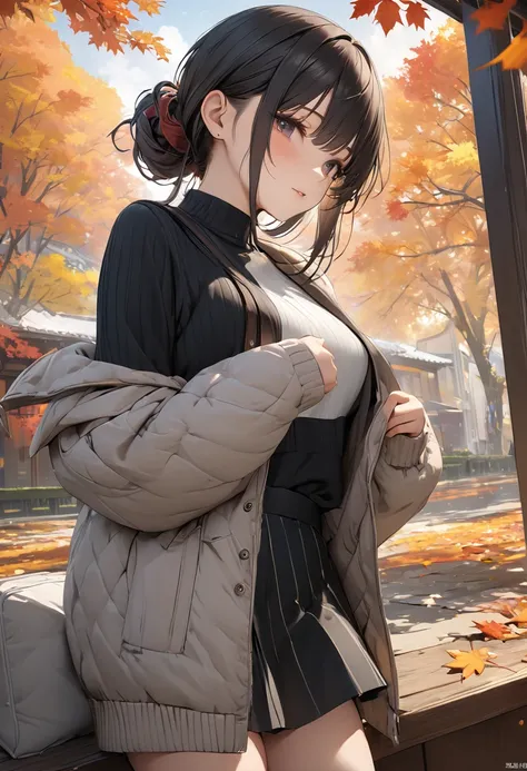 masterpiece, Attention to detail, High resolution, RTTX 10.0, 8k, high quality, season　autumn&#39;s、Staring at the audience、Official Art、Dressed in traditional Japanese kimono、A cute anime-style girl is carefully brewing tea。She has big, expressive eyes an...