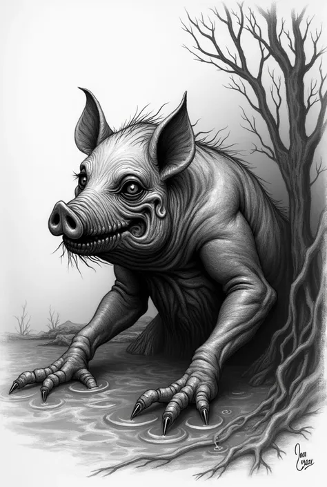 Create a black and white drawing that looks organic and scary. . The Cuchivilu is a degenerate pig that lives in hidden caves and swamps in Chiloé. It has a distorted appearance and prefers damp and dark environments.. It is solitary and nocturnal and it i...