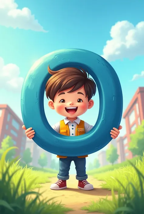 "A cute, cheerful  standing school, holding a large blue color letter O (or another letter of the alphabet) in his hands. The background features a sunny day with green grass and a blue sky. The boy is smiling, wearing school clothes, and the letter is pro...