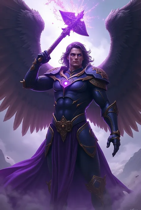 Male angel, with purple eyes, black wings, light armor dark purple color, using a mace as a weapon