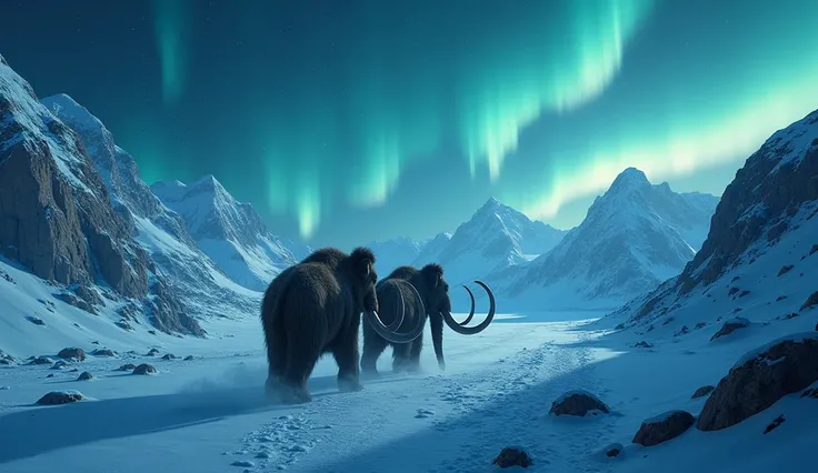 Aerial View,Arctic Aurora at Ice Age Night,Two mammoths walking together in the snowy mountains,Wide viewing angle,High-altitude photography,HD,3d
