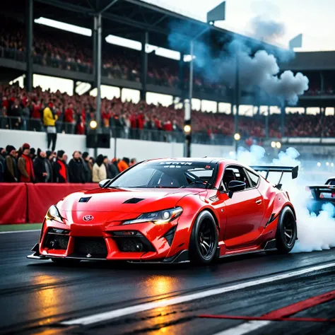 Rear of a 2024 Toyota Celica with rugged drift body, wide tires, led brake light, lots of smoke for the skid, It is on a night track with strong illusion and in the background a crowd watching the majestic car of intense cherry red color.