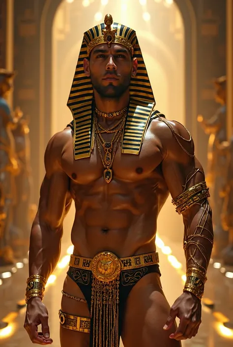 A handsome guy (athletic, totally naked, big penis) adorned only with cybernetic pharaohs  jewelry (holographic projection over the skin, glowing hologram design) such as golden and black striped headdress, ornate chest piece, intricate gold accessories, f...