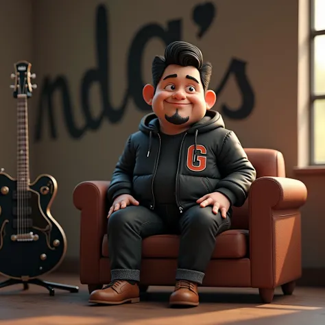 a cute adult male wearing black jacket, G letter on jacket, black hair, very little beard, brown leather shoes, sitting on a sofa, black electric guitar stand aside sofa, warehouse environment as background, 3d caricature, masterpiece, award-winning 3d car...