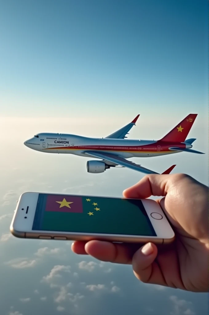 A plane leaving China to cameroon passing through a smart phone. Both flags of countries should be visible 