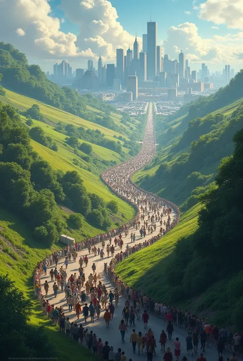 The road that leads from the countryside to the city. Many people run to the city. The city is crowded and dirty. But still, people run from the countryside to the city.