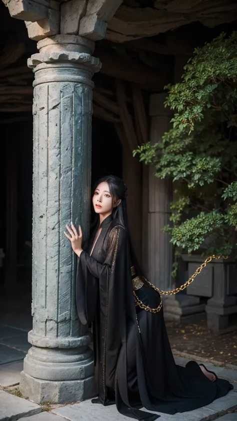 Cave.abyss,A large stone pillar,full of artistic textures,An oriental black dragon princess is kneeling on the stone osmanthus,long hair shawl,Big breasts,Chinese style Hanfu,Hands wrapped in chains