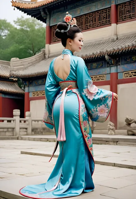 
The image of a Qing Dynasty Empress. The background is the stone paving outside a Chinese palace during the Qing Dynasty. Only her large buttocks are sticking out. She is either wearing underwear or not. Her protruding buttocks are floating up in the air....