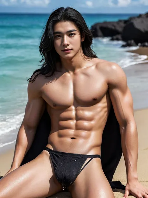 1 young man, age 18, Opposite 3, (Masterpiece, Excellent quality, high resolution, 8ก, complex: 1.2), (detailed face: 1.2), (black ultra micro thongs), (Not wearing a shirt), Very handsome, Wavy abdominal muscles, Abdominal hair, Beautiful skin, short hair...