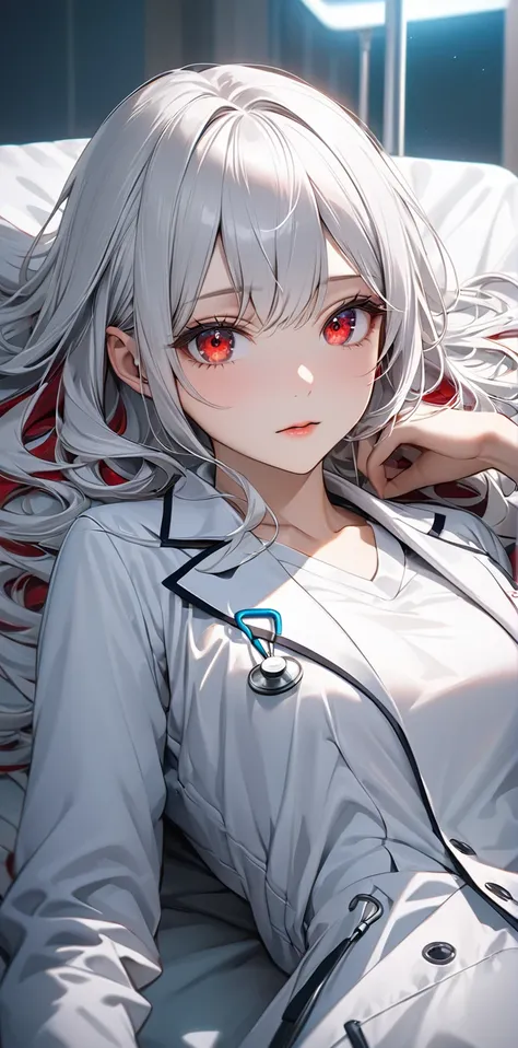 Ultra high resolution, rich colors, perfect image, best quality, detailed image, beautiful single woman, glowing skin, skin and clothing texture, delicate eyes, hospital, sofa, lying down, shirt, tight pants, doctors white coat, long silver hair, red eyes