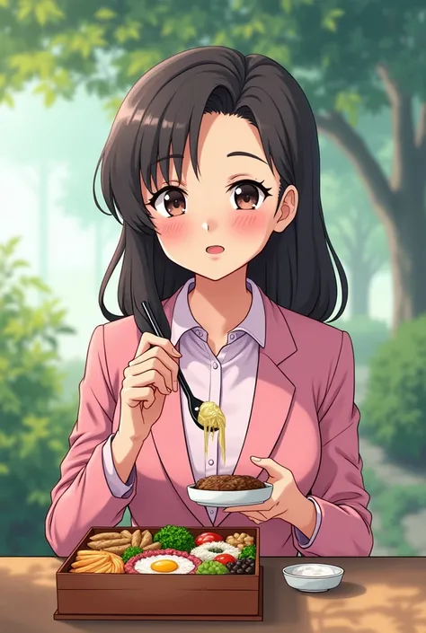 Anime Style、A Japanese woman eating a bento lunch、semi-long、Pink Blouse、pants suit、　２８age