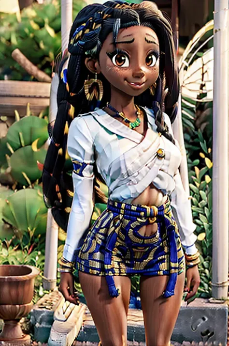 Beautiful lady who is Half African and half Japanese. Dark skin. Asian facial features. thick long hair in African braids. Wearing colorful Laplander outfit. ultra-thin-waist, ultra-wide-hips, large breasts.
