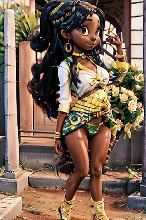 Beautiful lady who is Half African and half Japanese. Dark skin. Asian facial features. thick long hair in African braids. Wearing colorful Laplander outfit. ultra-thin-waist, ultra-wide-hips, large breasts.
