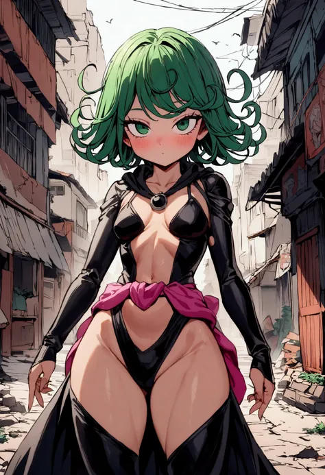 cute Yuna, in the role of Tatsumaki from One Punch Man, iconic outfit, age 25, big butt, she is telling off a giant mutant cyborg, damaged streets of Bangkok
