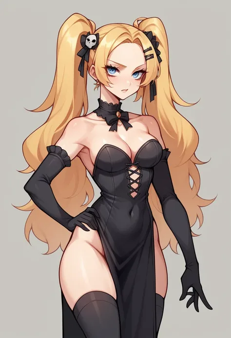 women, mide 138 cm (46") Tall, and weighs 44 kg (97 pounds), with golden blonde hair and blue eyes, but still has two small ponytails on each side, She wears a gothic dress, thigh high socks with a black hairpin, He is quite sexy despite his height
