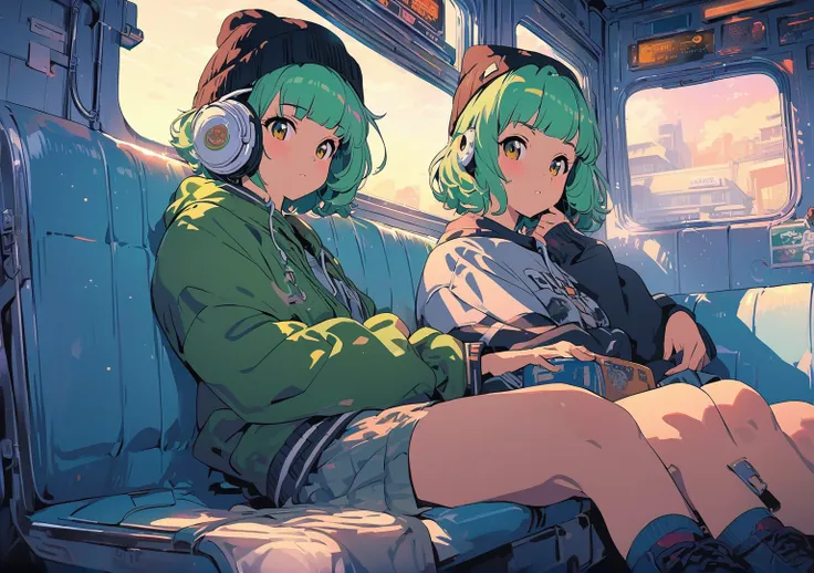 (extremely detailed CG unity 8k wallpaper), (best quality), (best illustration), (best shadow), realistic lighting, beautiful detailed reglow, masterpiece, best quality, lofi artstyle, lofi art, 80s anime style, Retro, Lo-Fi, 1girl, solo, short hair, green...