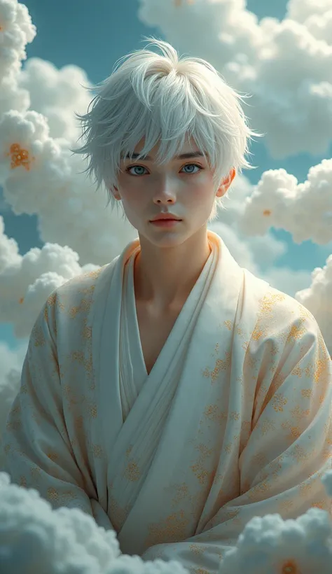 A handsome young man, Kyori has short silver-white hair., The floating clouds are often dressed in traditional Japanese clothing, such as intricately patterned kimonos. They have nine tails that can move independently, each with a unique gold pattern., Vir...