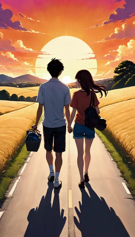 A couple on the road, holding bicycles and walking in front of them, with a sunset sky in the style of Miyazaki Hayaos manga style. The scene has warm colors and a romantic atmosphere, with a red, orange, yellow, blue, and purple sky. The two people are we...