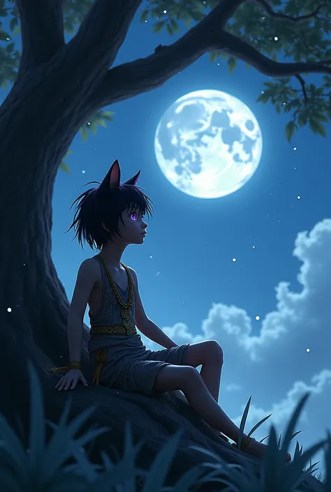 1 solo boy with black hair, cat ears, purple eyes, tribal clothes, sitting under a tree watching the moon High resolution, ultra HD, High details, 