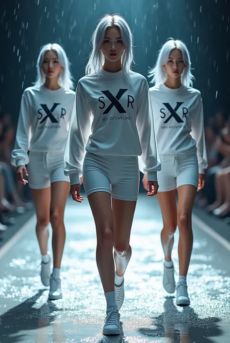 (Photorealism:1.2),Three young boys ,Asia Korea pop idol , ,silver hair,Handsome model wearing a shirt printed with the SXR logo., Skin-colored tight-fitting sports suit, waterproof, lightweight, tight-fitting shorts ,Walking on the runway of a fashion sho...