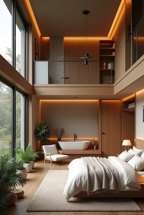 Bedroom with living room, bathroom and closet 
