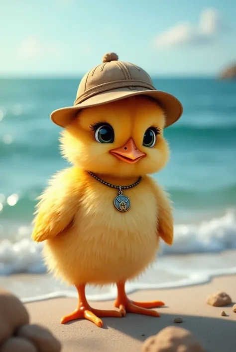 Cute chick in detective hat。Wearing a pendant and standing in front of the sea。