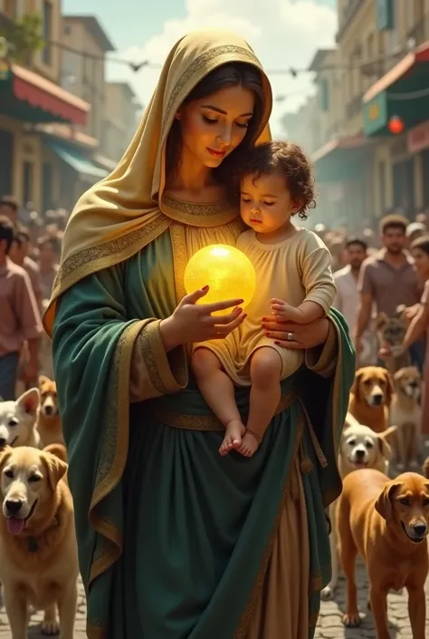 A Brazilian saint, Our Lady of Nazareth, Brunetette, with jesus moreno in his arm holding a yellow ball, on the streets of Belém do Pará, wearing a lush cloak, with a close-up capturing the dogs and cats walking in the procession, and contemplate its beaut...