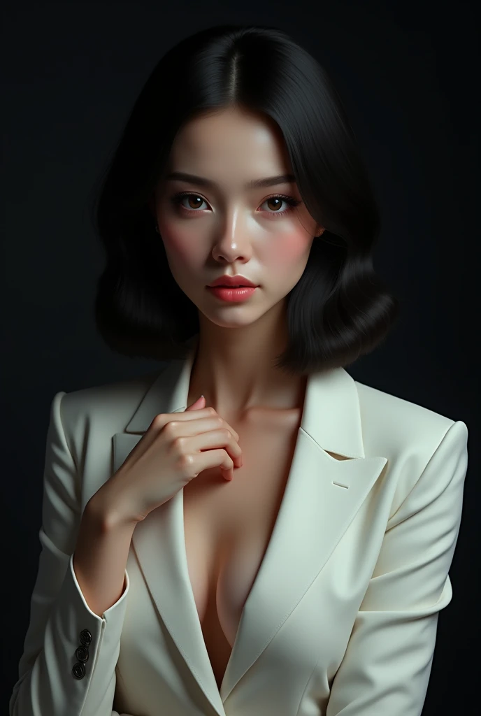 Hyper realistic white skin woman, straight black hair shoulder length, low height , weighs 50 kg , well defined hands, wears a white blazer and the setting is a dark background